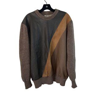 Neiman Marcus Vintage Mens Sweater Size Large Brown Leather Front Knit